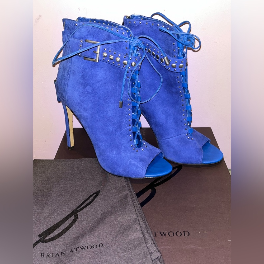 Brian Atwood Sued Blue, Peep-toe Booties